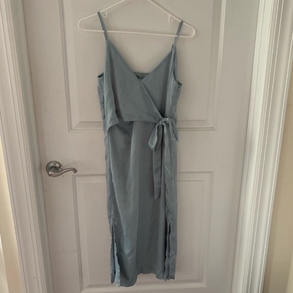 Mint Blue Satin Midi Wrap Dress - Picture 3 of 6